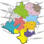 Mapa Województwa Opolskiego przedstawiająca kolorami zasięg działania poszczególnych dziesięciu Lokalnych Grup Działania